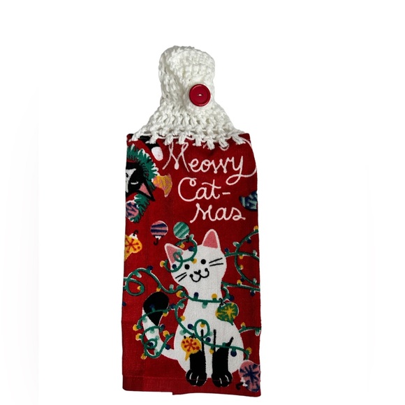 Hand Crafted Crochet Top Hanging Kitchen or Bathroom Hand Towel Christmas Cats - Picture 1 of 7